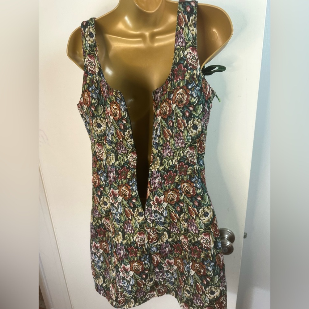 Dolls Kill Floral Tapestry Mini Dress with Green Velvet Ties - Picture 4 of 16